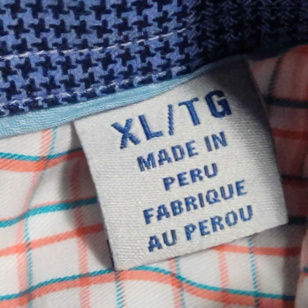 TOMMY BAHAMA ISLAND ZONE Men XL Teal‎ Orange Windowpane Pima Cotton Shirt EUC